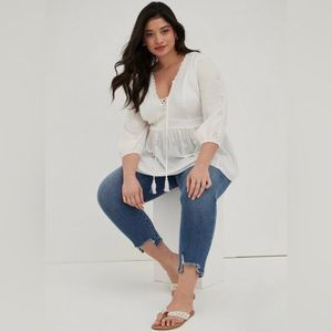 TORRID Babydoll Challis Eyelet Lace Up Tassel Cottage Core Prairie Top Size 3X